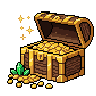 Baú de tesouros em pixel art, com moedas douradas e gemas verdes.